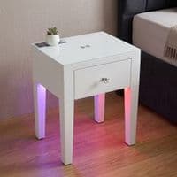 Smart White Glass LED Bedside Table - Wireless Charging & Speaker