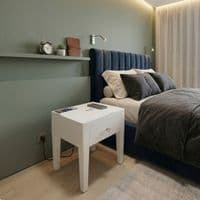 Smart White Glass LED Bedside Table - Wireless Charging & Speaker