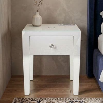 Smart White Glass LED Bedside Table - Wireless Charging & Speaker