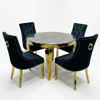 Sofia 1.1m Round Black Gold Dining Table & 4 Ring Back Dining Chairs