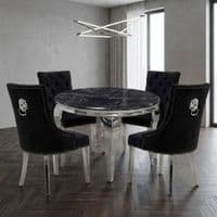 Sofia 1.1m Round Black silver Dining Table & 4 Black Lion Back Chairs