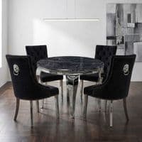 Sofia 1.1m Round Black silver Dining Table & 4 Black Lion Back Chairs