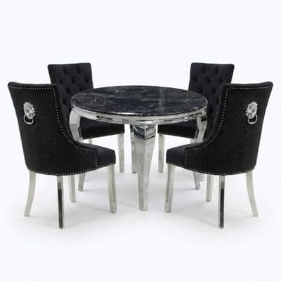 Sofia 1.1m Round Black silver Dining Table & 4 Black Lion Back Chairs
