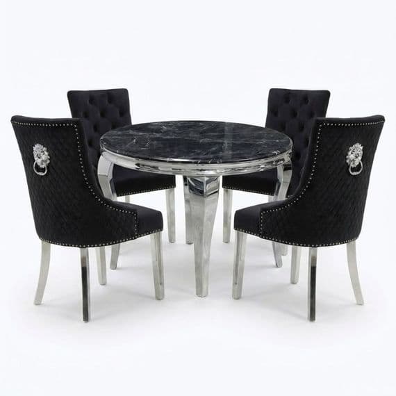 Sofia 1.1m Round Black silver Dining Table & 4 Black Lion Back Chairs