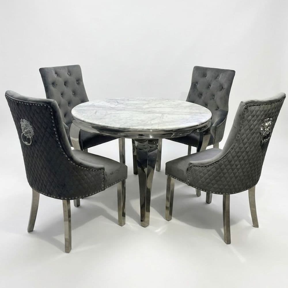 Sofia 1 1m Round Grey Marble Dining Table & 4 Minister Lion Chairs