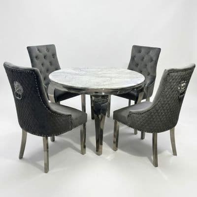 Sofia 1.1m Round Grey Marble Dining Table & 4 Minister Lion Chairs