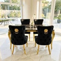 Sofia 1.2m Black & Gold Marble Table & 4 Victoria Black Lion Chairs