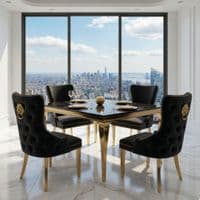 Sofia 1.2m Black & Gold Marble Table & 4 Victoria Black Lion Chairs
