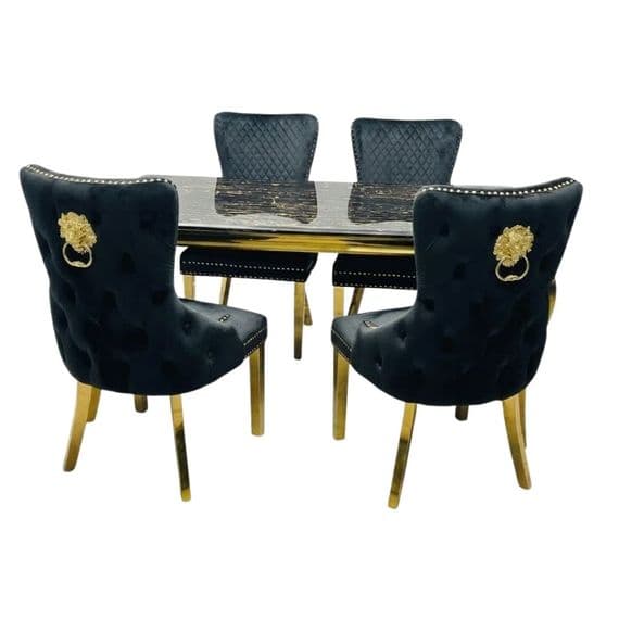 Sofia 1.2m Black & Gold Marble Table & 4 Victoria Black Lion Chairs