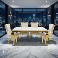 Sofia 1.2m Cream & Gold Marble Table & 4 Victoria Mink Lion Chairs
