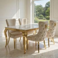 Sofia 1.2m Cream & Gold Marble Table & 4 Victoria Mink Lion Chairs