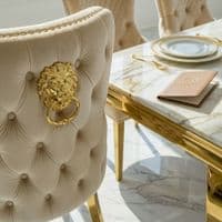 Sofia 1.2m Cream & Gold Marble Table & 4 Victoria Mink Lion Chairs