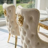 Sofia 1.2m Cream & Gold Marble Table & 4 Victoria Mink Lion Chairs