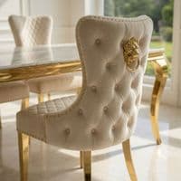 Sofia 1.2m Cream & Gold Marble Table & 4 Victoria Mink Lion Chairs