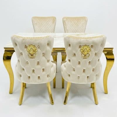 Sofia 1.2m Cream & Gold Marble Table & 4 Victoria Mink Lion Chairs