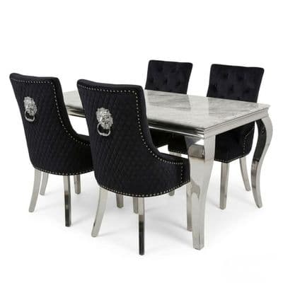 Sofia 1.2m Grey Marble Dining Table & 4 Black Minister Lion Chairs
