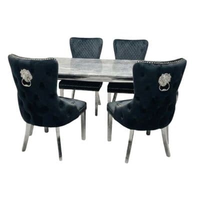 Sofia 1.2m Grey Marble Table & 4 Victoria Black Lion Silver Chairs