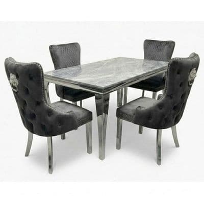 Sofia 1.2m Grey Marble Table & 4 Victoria Grey Lion Silver Chairs