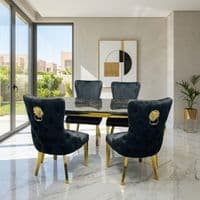 Sofia 1.5m Black & Gold Marble Table & 4 Victoria Black Lion Chairs