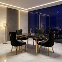 Sofia 1.5m Black & Gold Marble Table & 4 Victoria Black Lion Chairs