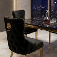 Sofia 1.5m Black & Gold Marble Table & 4 Victoria Black Lion Chairs