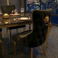 Sofia 1.5m Black & Gold Marble Table & 4 Victoria Black Lion Chairs