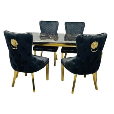 Sofia 1.5m Black & Gold Marble Table & 4 Victoria Black Lion Chairs