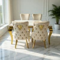 Sofia 1.5m Cream & Gold Marble Table & 4 Victoria Mink Lion Chairs