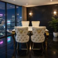 Sofia 1.5m Cream & Gold Marble Table & 4 Victoria Mink Lion Chairs