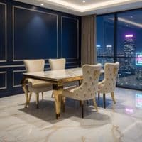 Sofia 1.5m Cream & Gold Marble Table & 4 Victoria Mink Lion Chairs