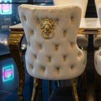 Sofia 1.5m Cream & Gold Marble Table & 4 Victoria Mink Lion Chairs