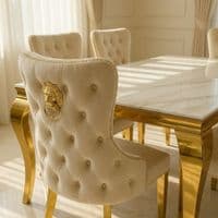 Sofia 1.5m Cream & Gold Marble Table & 4 Victoria Mink Lion Chairs