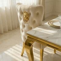 Sofia 1.5m Cream & Gold Marble Table & 4 Victoria Mink Lion Chairs