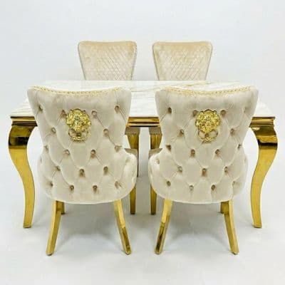 Sofia 1.5m Cream & Gold Marble Table & 4 Victoria Mink Lion Chairs