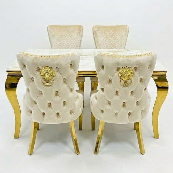 Sofia 1.5m Cream & Gold Marble Table & 4 Victoria Mink Lion Chairs