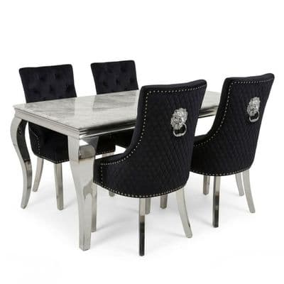 Sofia 1.5m Grey Marble Dining Table & 4 Black Minister Lion Chairs