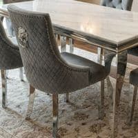 Sofia 1.5m Grey Marble Dining Table & 4 Minister Grey Lion Chairs