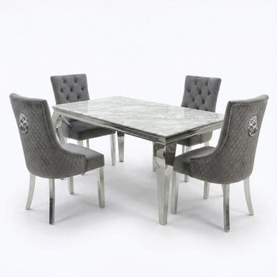 Sofia 1.5m Grey Marble Dining Table & 4 Minister Grey Lion Chairs