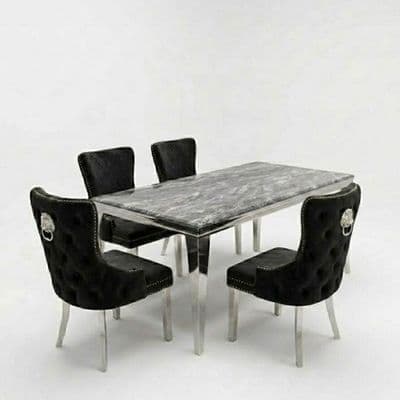 Sofia 1.5m Grey Marble Dining Table & 4 Victoria Black Silver Chairs