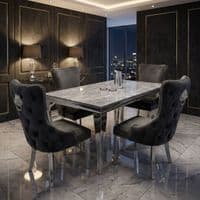 Sofia 1.5m Grey Marble Dining Table & 4 Victoria Grey Silver Chairs