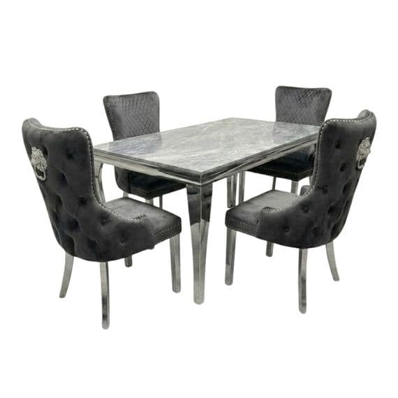 Sofia 1.5m Grey Marble Dining Table & 4 Victoria Grey Silver Chairs