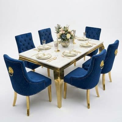 Sofia 1.6m Cream Gold Dining Table & 6 Blue Lion Back Velvet Chairs