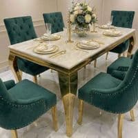 Sofia 1.6m Cream Gold Dining Table & 6 Green Lion Back Velvet Chairs