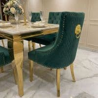 Sofia 1.6m Cream Gold Dining Table & 6 Green Lion Back Velvet Chairs