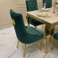 Sofia 1.6m Cream Gold Dining Table & 6 Green Lion Back Velvet Chairs