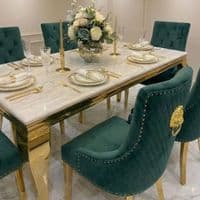 Sofia 1.6m Cream Gold Dining Table & 6 Green Lion Back Velvet Chairs