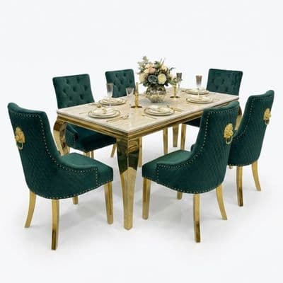 Sofia 1.6m Cream Gold Dining Table & 6 Green Lion Back Velvet Chairs