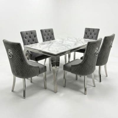 Sofia 1.6m Cream Gold Dining Table & 6 Grey Lion Back Velvet Chairs