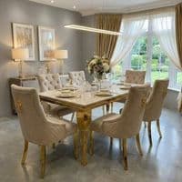 Sofia 1.6m Cream Gold Marble Dining Table & 6 Lion Back Velvet Chairs