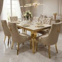 Sofia 1.6m Cream Gold Marble Dining Table & 6 Lion Back Velvet Chairs